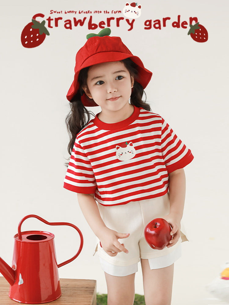 Strawberry Series Summer Cool Loose Short-sleeved Embroidery Shorts Children's T-shirt