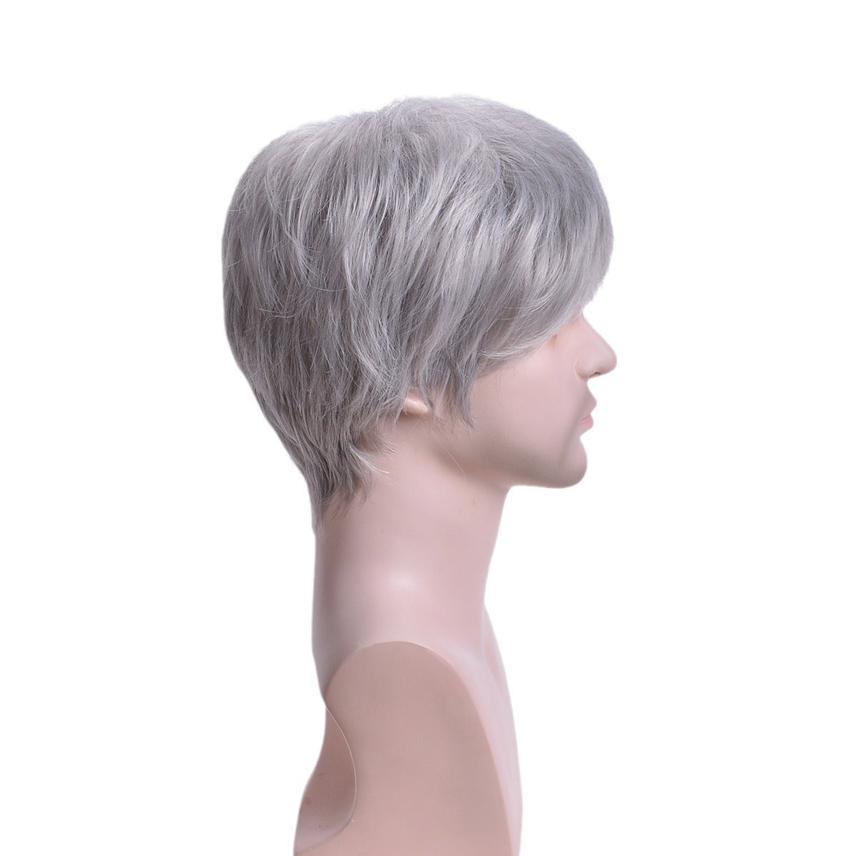 Men's Gray White Short Curly Head Cover Men's Wig