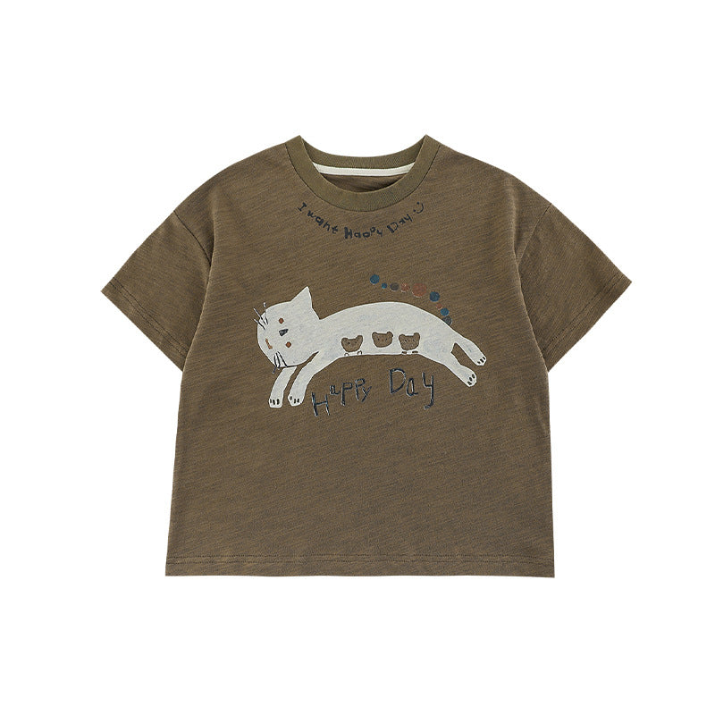 Children's Boy's Animal Print Short-sleeved Loose Casual Striped Children's T-shirt