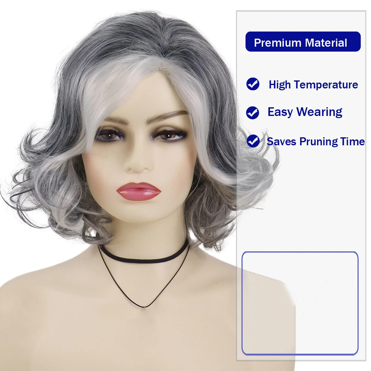 Head Cover Black Gray Mid-length Light Wig Short Curly Hair