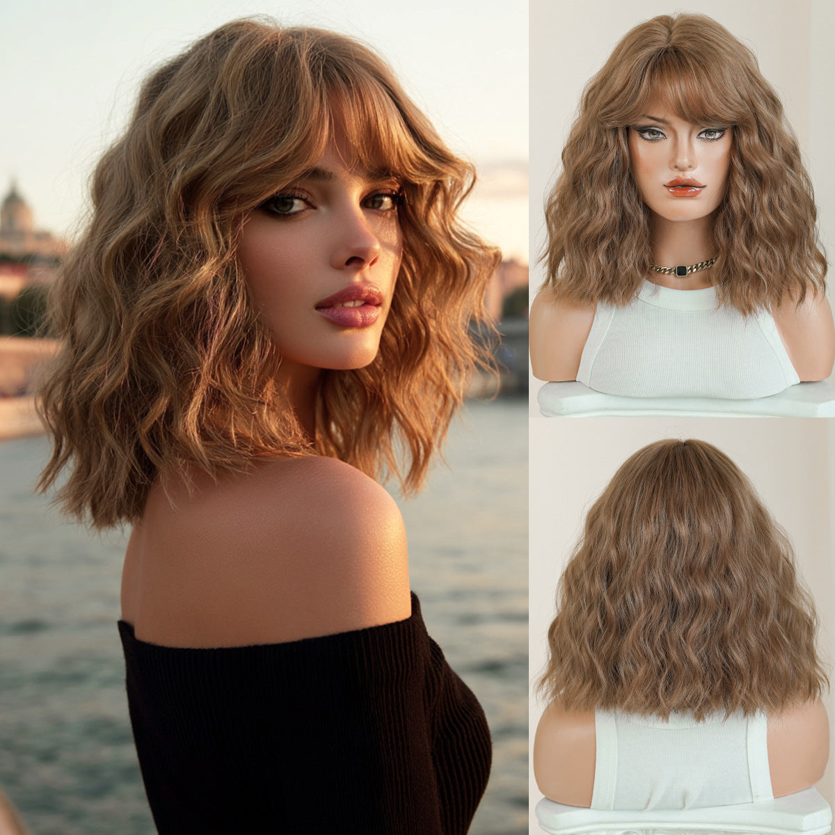 Short Curly Brown Female Fluffy Wavy Partial Bangs Wig Long Curls