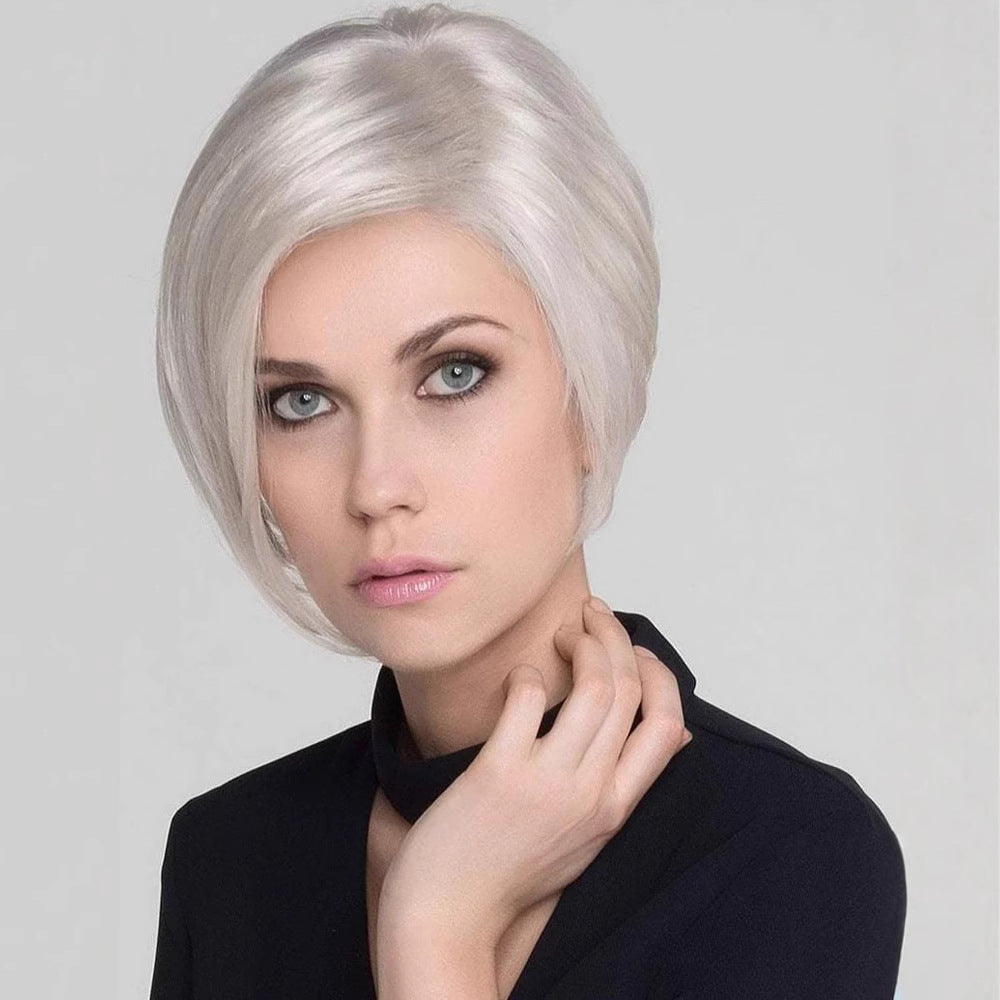 Women's Fashion Sier Gray Split Head Cover Wig Short Straight Hair