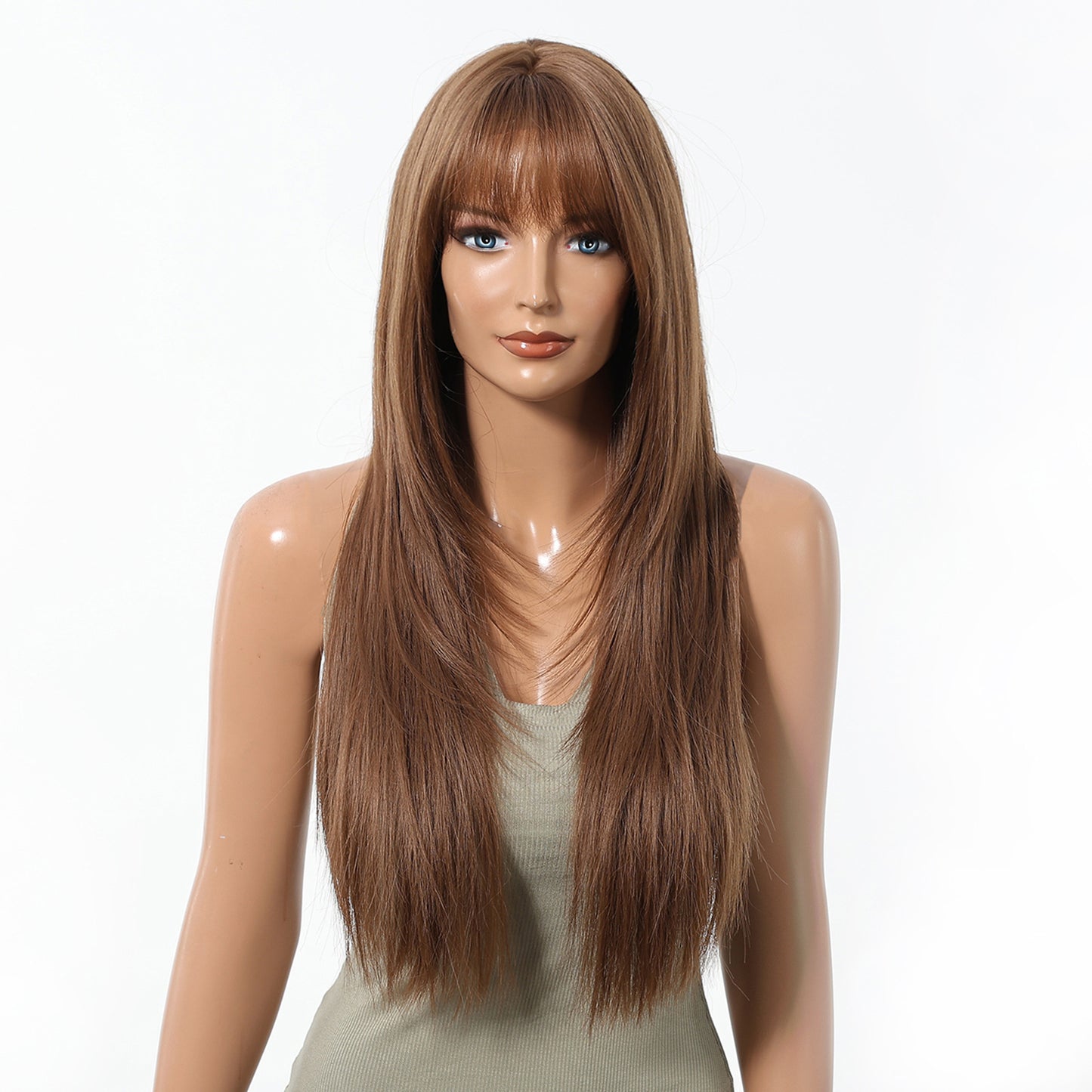 Female Warm Brown High Level Air Bangs Hair Long Straight Wig