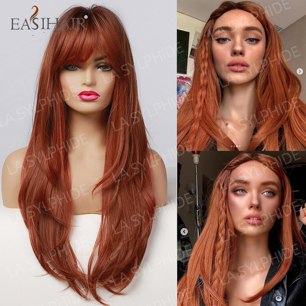 Red Brown Hair Side Bangs Female Mechanism Long Straight Wig