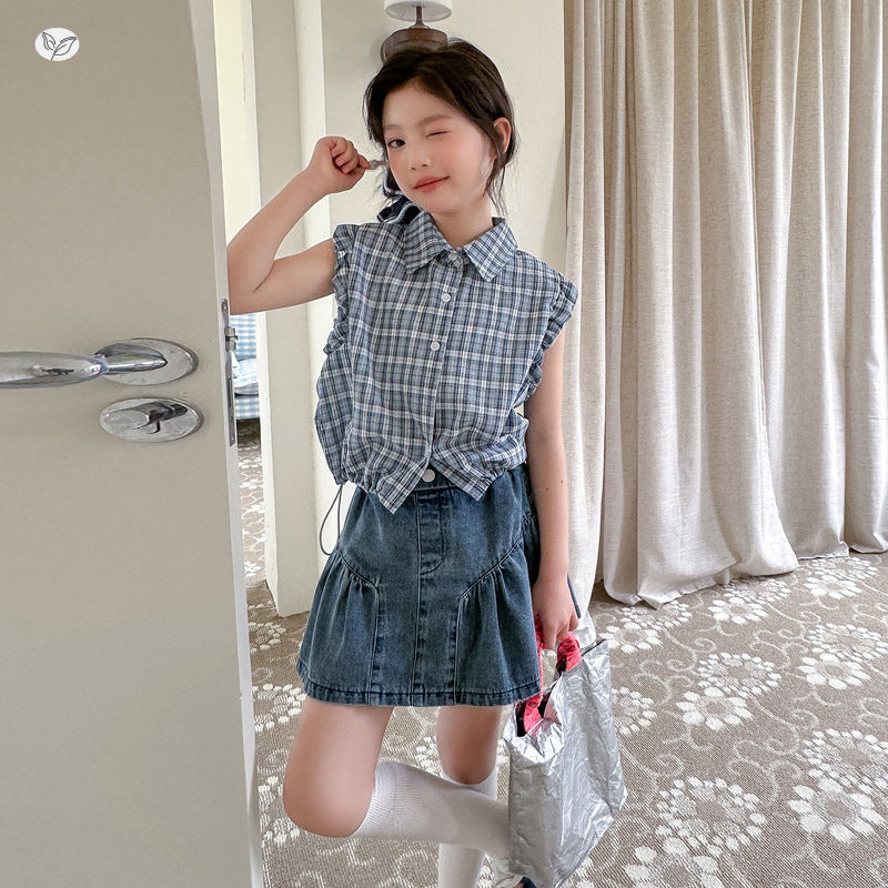 Summer Sleeveless Plaid Shirt Denim Skirt Children's Suit