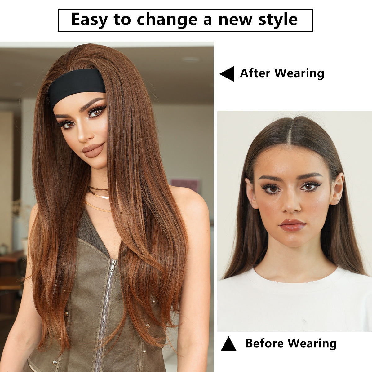 Women's Hot Wind Black Bandana Headband Layered Straight Hair Golden Brown Other Wig