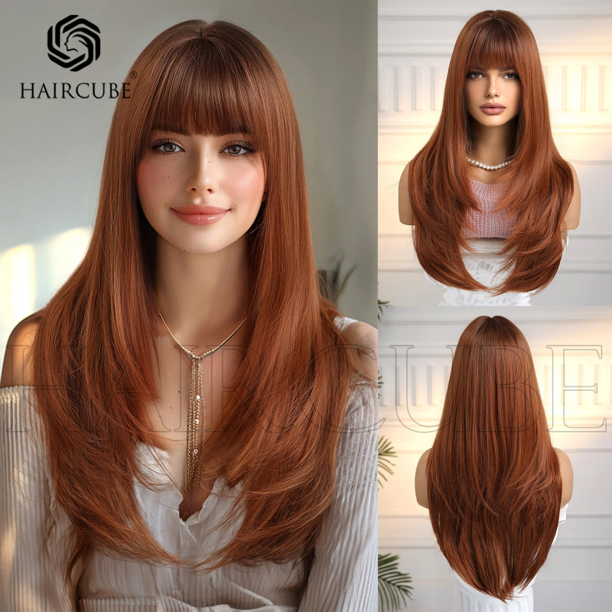 Hair Head Cover With Bangs Mid-length Orange Natural Long Straight Wig
