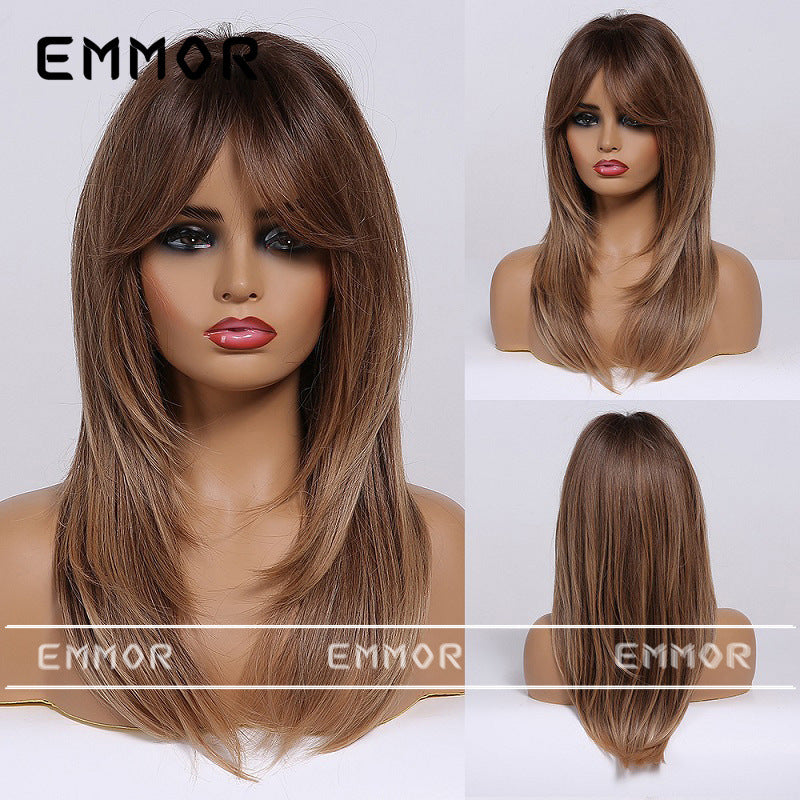 Women's Bangs Gradient Golden Mid-length Hair Curling Wig Long Curls