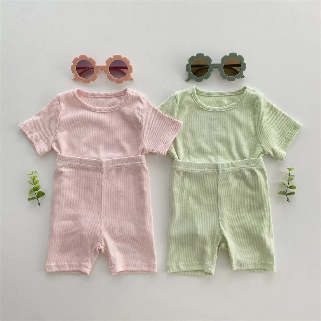 Shorts Soft Two-piece Solid Color Rib Children's Suit