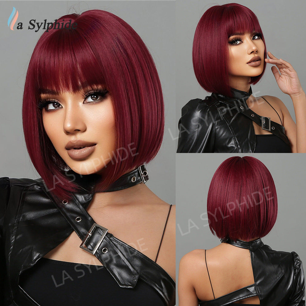 Women's Bangs Brown Gradient Sier Head Daily Wig Short Straight Hair