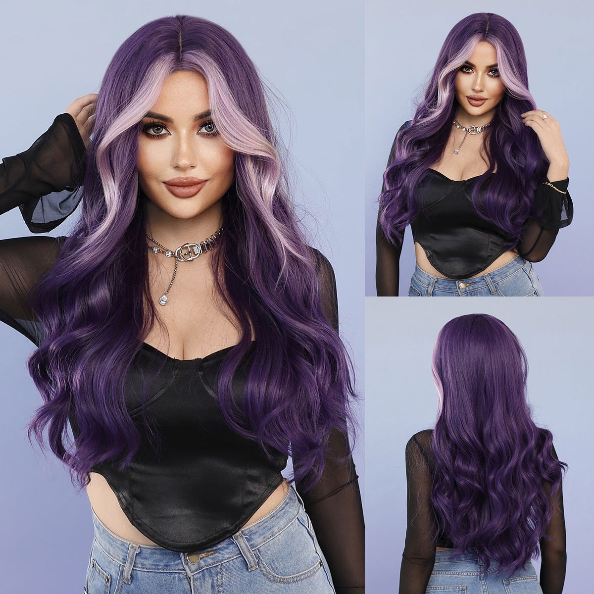 Women's Wave Highlights Purple Curly Hair Roland Chemical Wig Long Curls