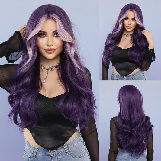Women's Wave Highlights Purple Curly Hair Roland Chemical Wig Long Curls