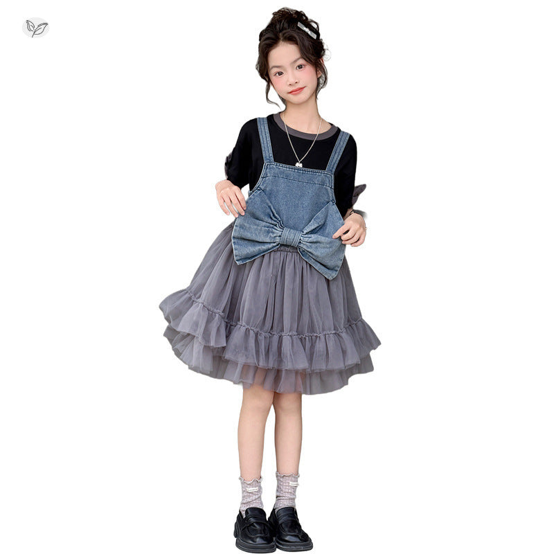 Sweet Denim Brace Yarn Skirt Short Sleeve Mesh Children's Suit