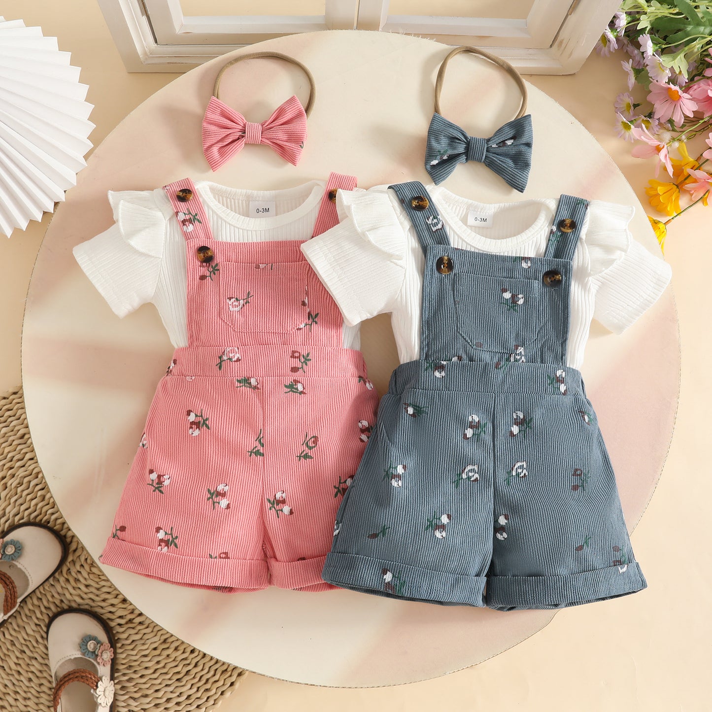 Summer Sunken Stripe Ruffled Short Sleeves Top Corduroy Flower Children's Suit