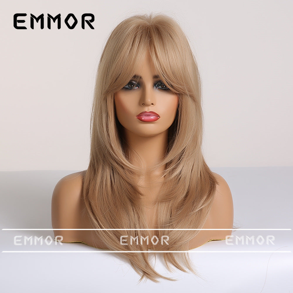 Women's Bangs Gradient Golden Mid-length Hair Curling Wig Long Curls