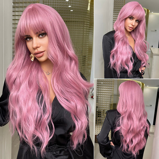 Women's Pink Wigs With Bangs Wave Synthetic Wig Long Curls