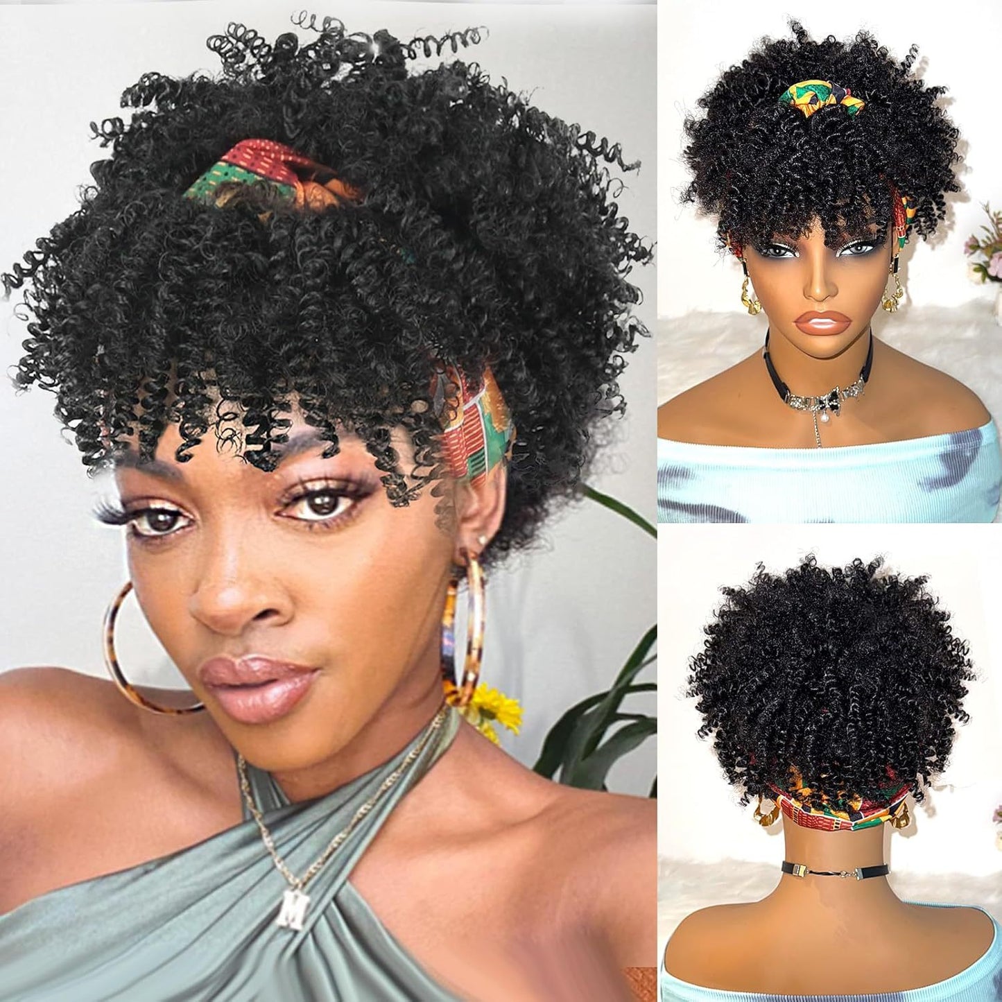 Women's African Small Bangs Integrated Headband Chemical Wig Short Curly Hair