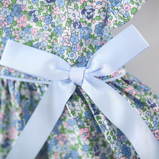 Waist Two Ribbon Knot Small Floral Skirt Full Of Cotton Children's Dress