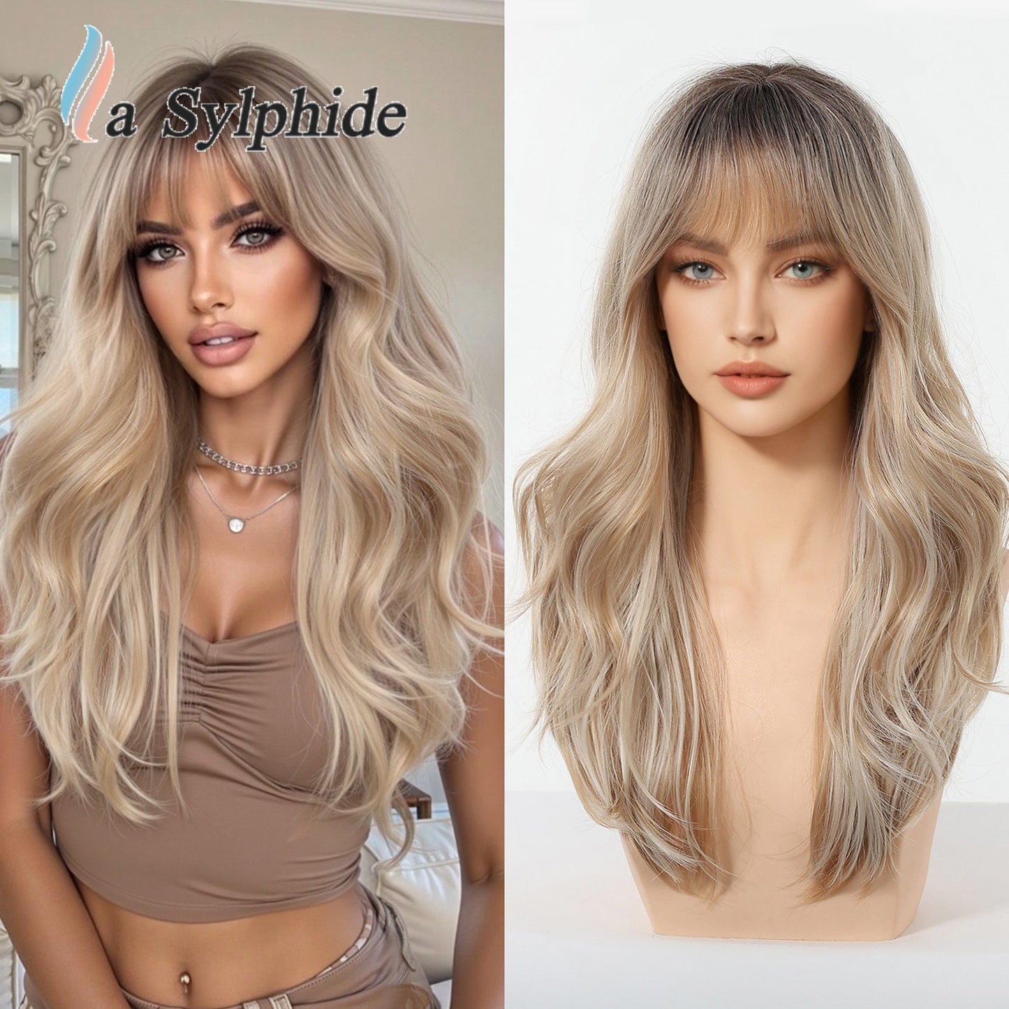 Straight Bangs Orange Rose Net Flip Natural Soft Fashion Large Wig Long Curls