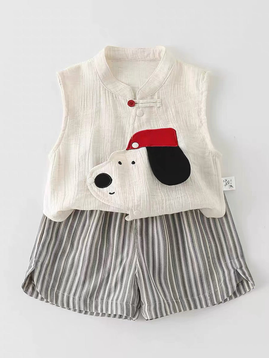 Children's Summer Wear Sleeveless Cartoon Striped Shorts Two-piece Set Western Children's Suit