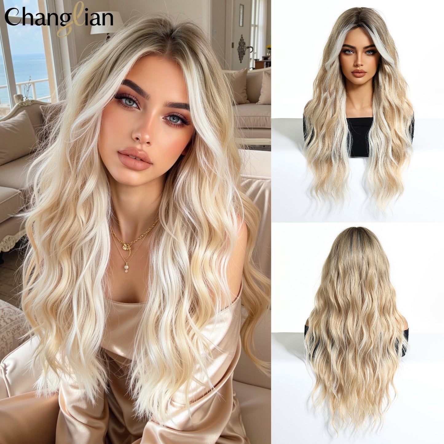 White Gold Color Highlight Big Wave Curly Hair Wig Long Curls