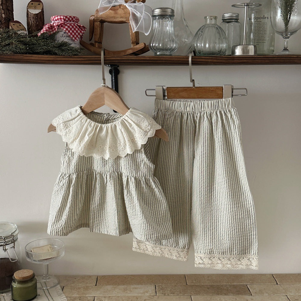 Lace Collar Vertical Striped Top Trousers Female Western Style Sleeveless Children's Suit