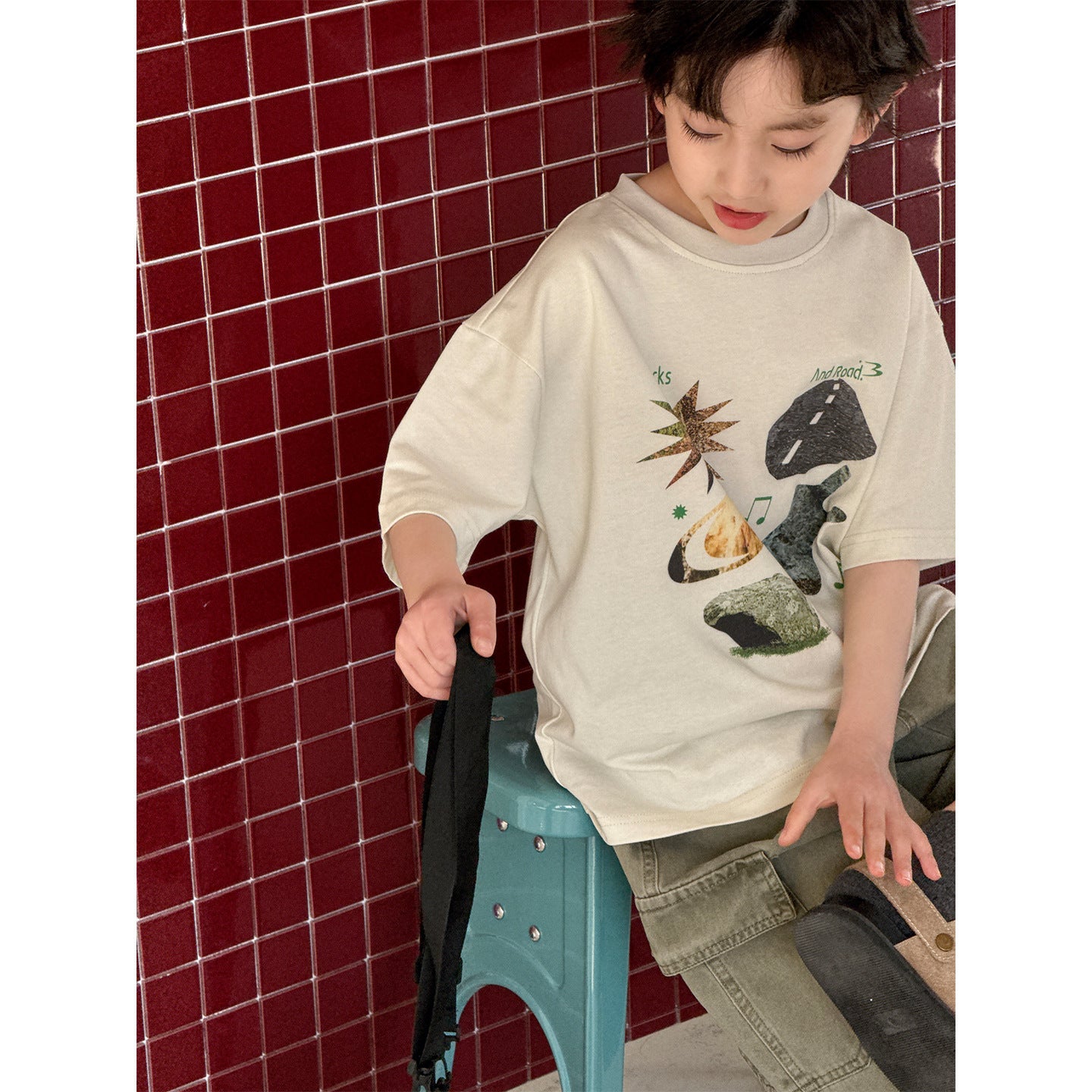 Children's Shirt Style Printed Round Neck Pullover Leisure Boys Loose Short Children's T-shirt