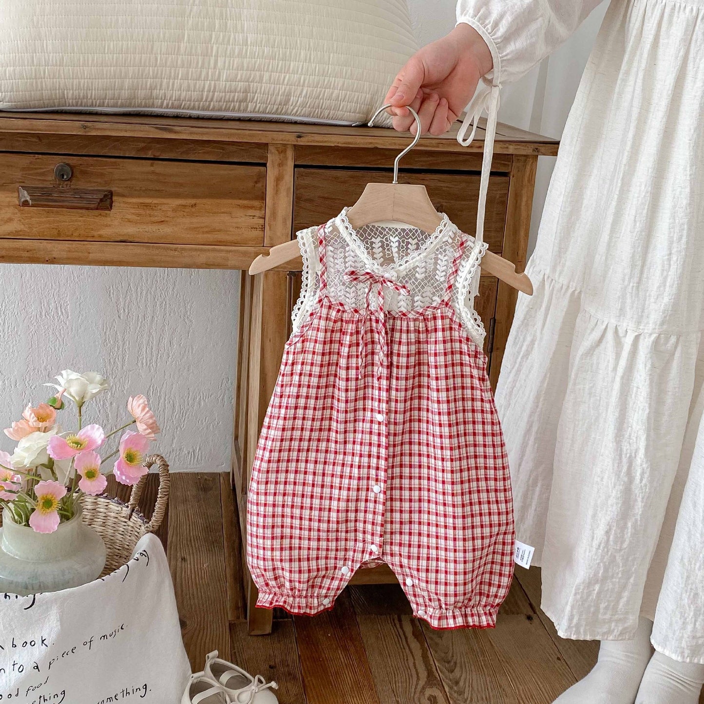 Korean Style Summer Clothes Fresh Lace Stitching Plaid Romper Born Jumpsuit, Climbing Suit