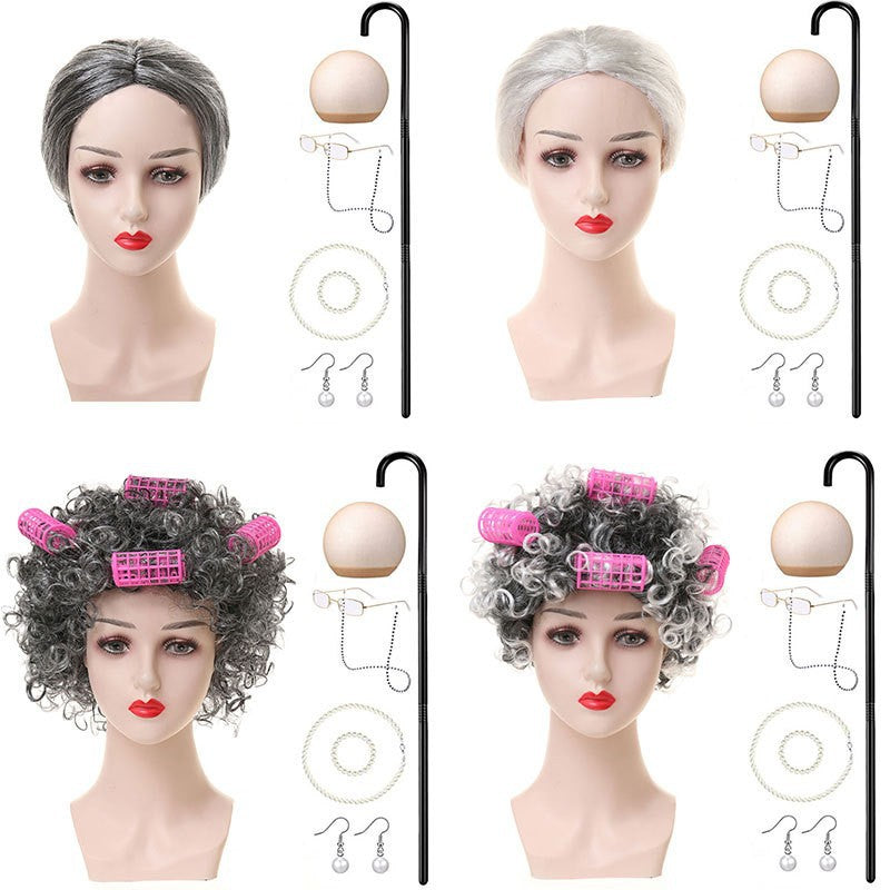 Grandma Gray Old Lady Holiday Dress Up Cos Wig