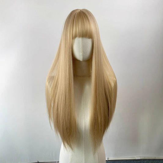 Female Daily Hair Golden Head Cover Air Bangs Mannequin Dummy Long Straight Wig