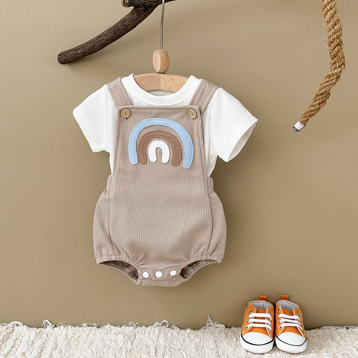 Summer Infant Shoulder Button Rainbow Pattern Jumpsuit Round Neck Thin Jumpsuit, Climbing Suit