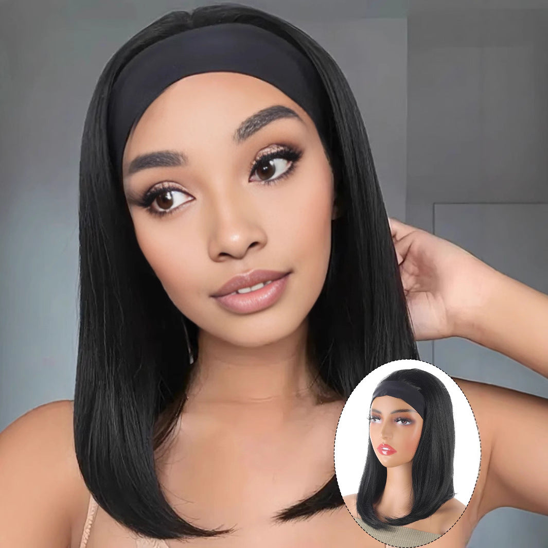 Women's Inner Buckle Black Highlight Brown Headgear Wig Short Straight Hair