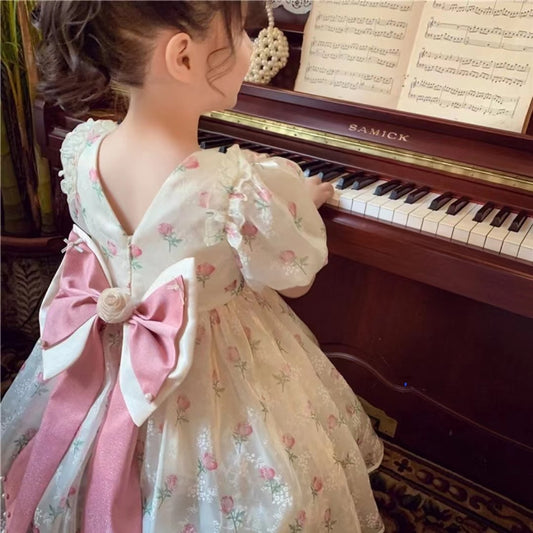 Summer Western Style Floral Skirt Little Bow Puff Children's Dress