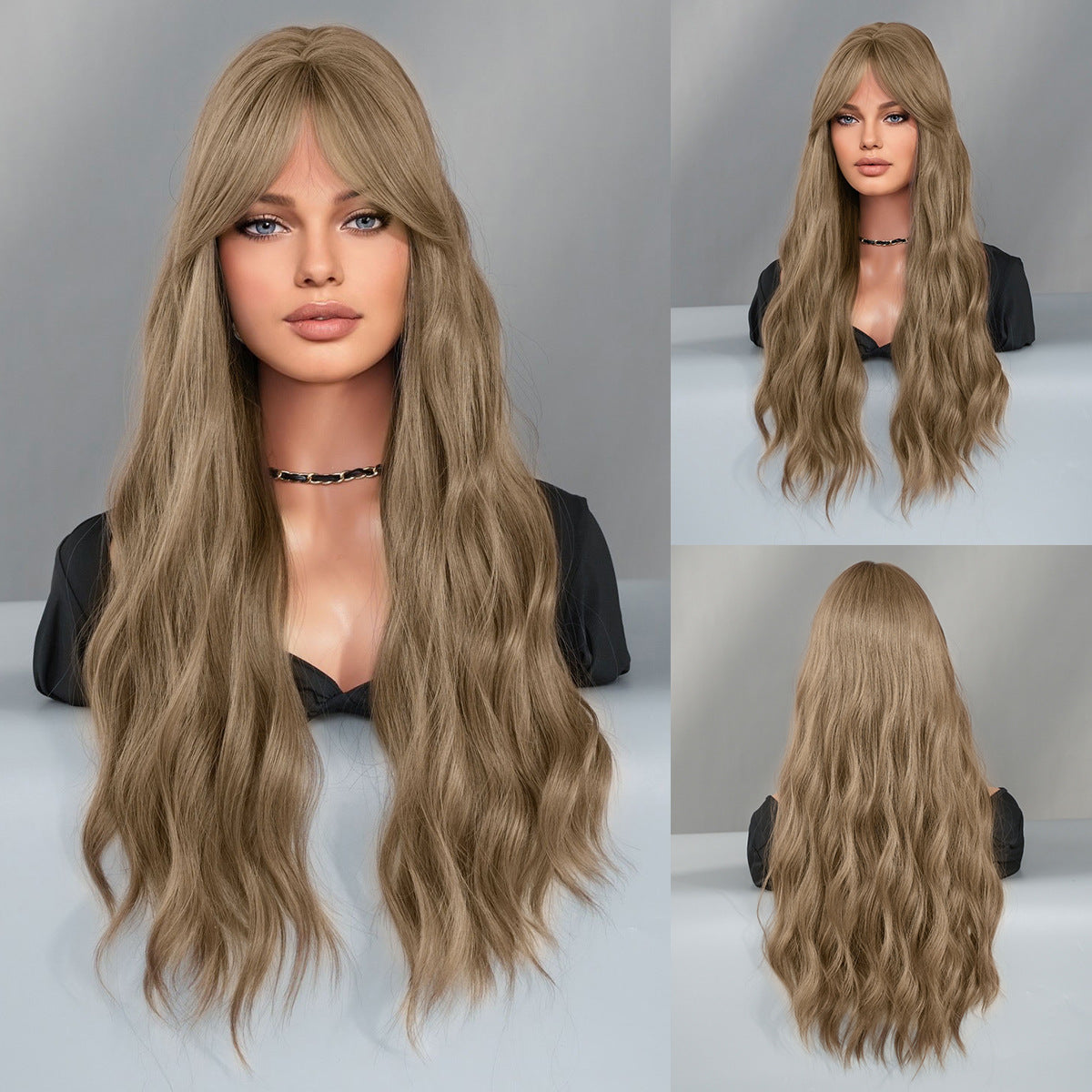 Women's Bronze Golden Fashion Curly Hair Bangs Big Wig Long Curls