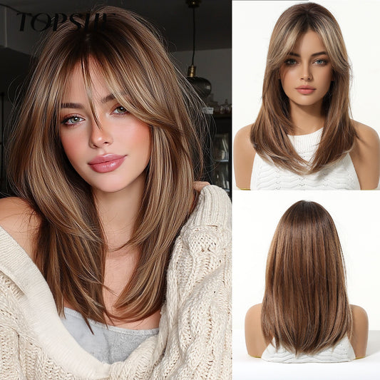 Bangs Head Dyed Gradient Brown Layered Long Straight Wig
