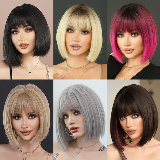 New Black Female Bangs Chemical Fiber Wig Short Straight Hair