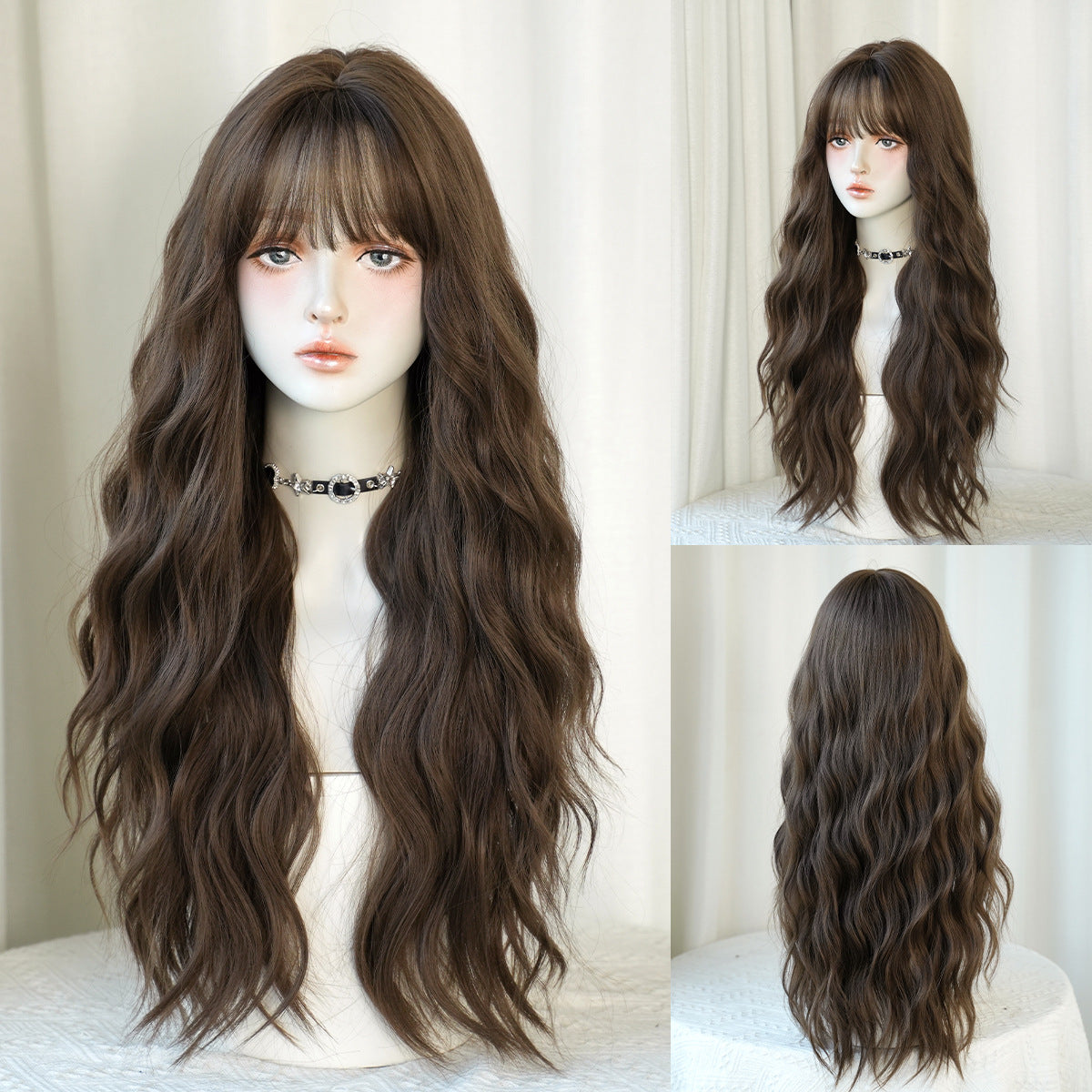 Super Brown Female Big Wave Curly Hair Daily Use Natural Wig Long Curls