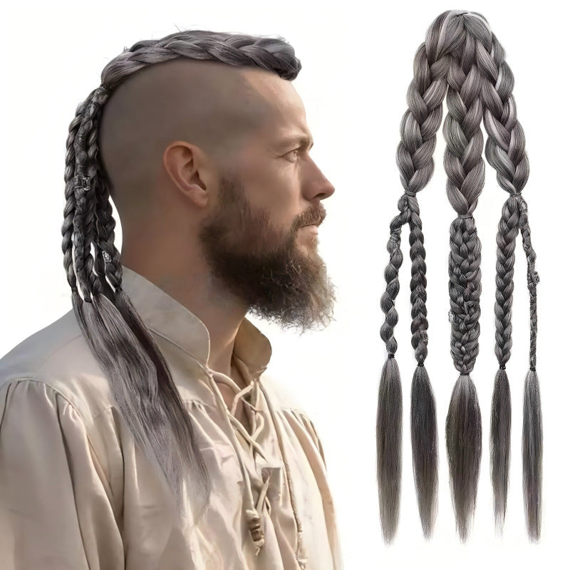 Men's Viking Dreadlocks Hand-woven Barrettes Button Batch Wig Ponytail