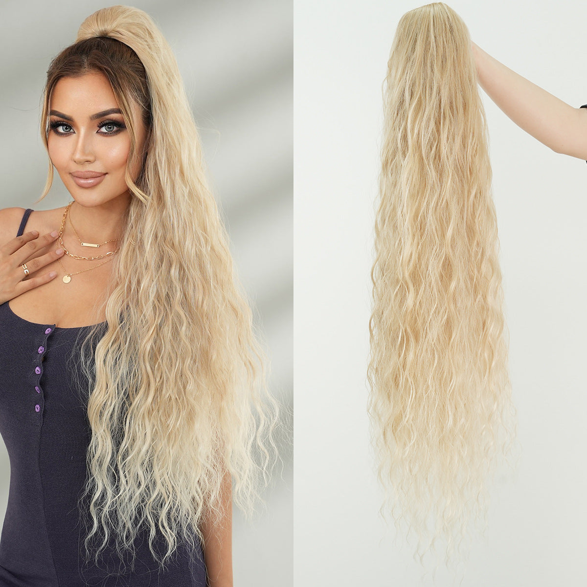 Inch Extra Long Curl Drawstring Net Pocket Elastic Water Wig Ponytail