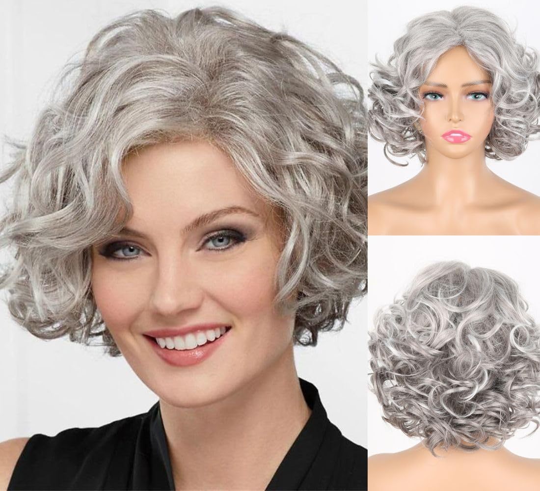 Women's Fashion Synthetic Wigs Gray White Medium Wig Short Curly Hair