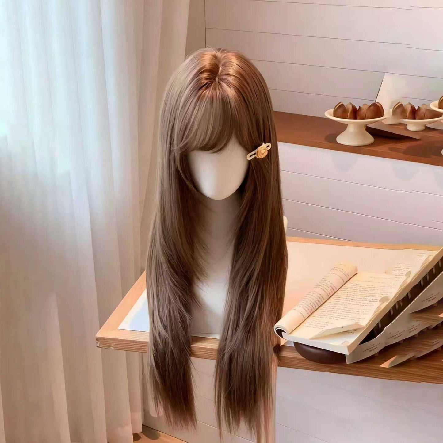 Female Bangs Hair Gradient Highlight High Level Daily Natural Rose Long Straight Wig