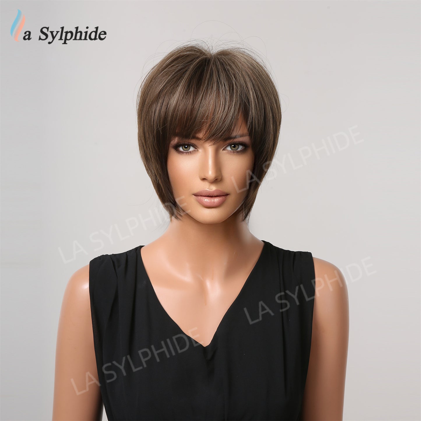 Female Brown Gradient Golden Mechanism Fiber Wig Short Straight Hair