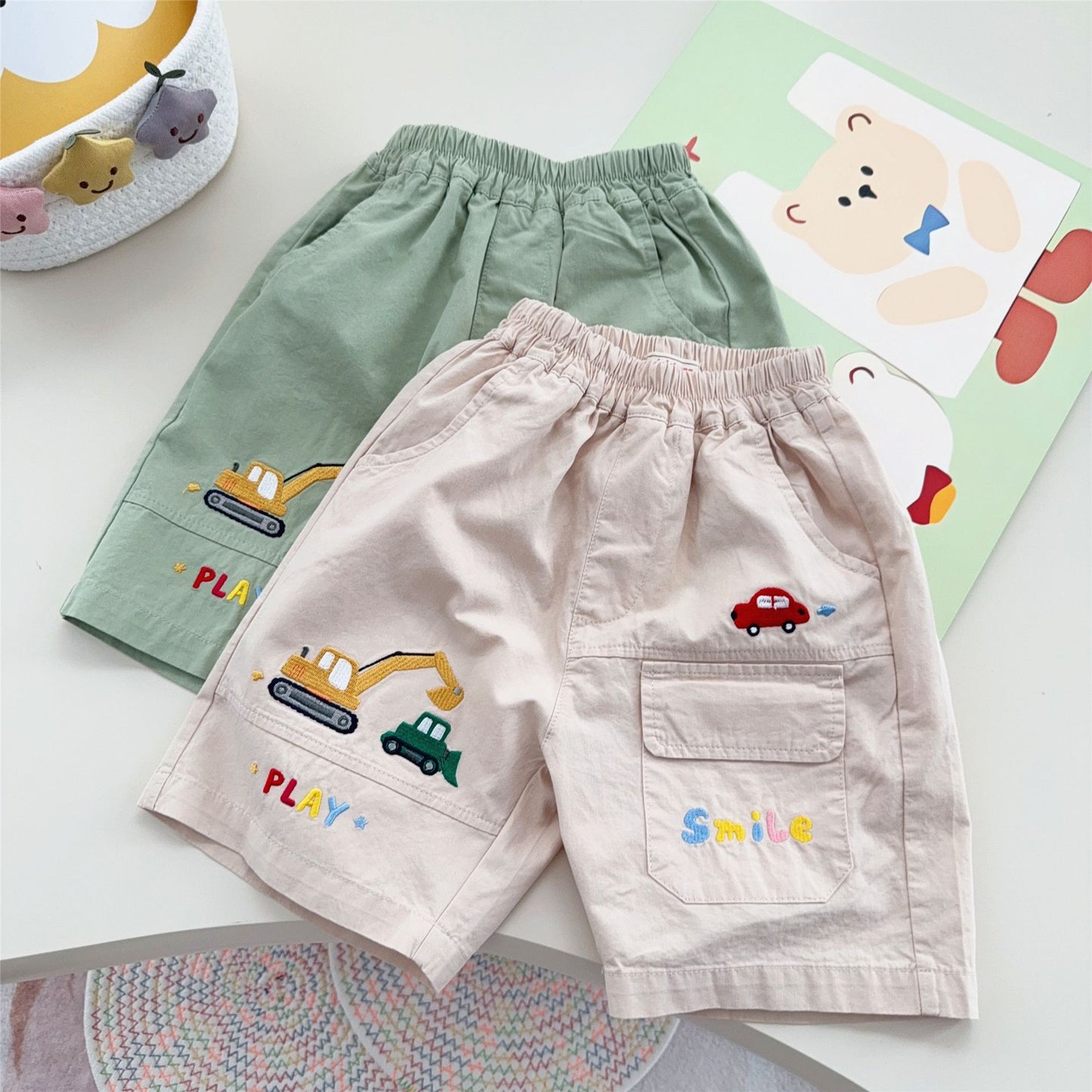 Women's & Men's Summer Cartoon Excavator Car Patch Embroidery Shorts Children's Pants