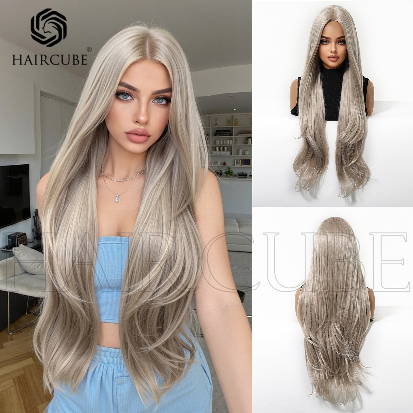 Gray White Gold Color Brown Head Long Straight Wig