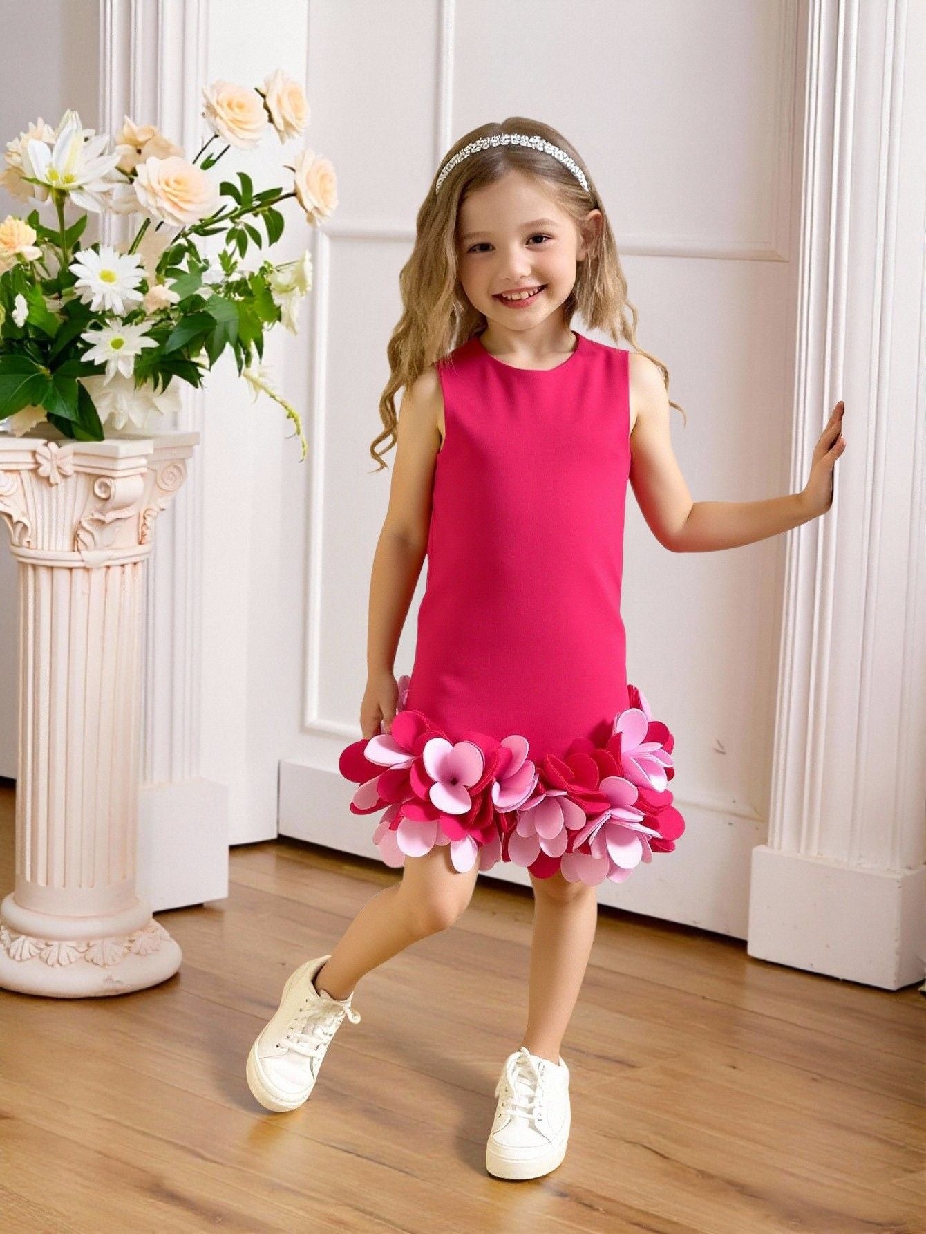 Solid Color Princess Summer Three-dimensional Flower Costume For Children's Dress