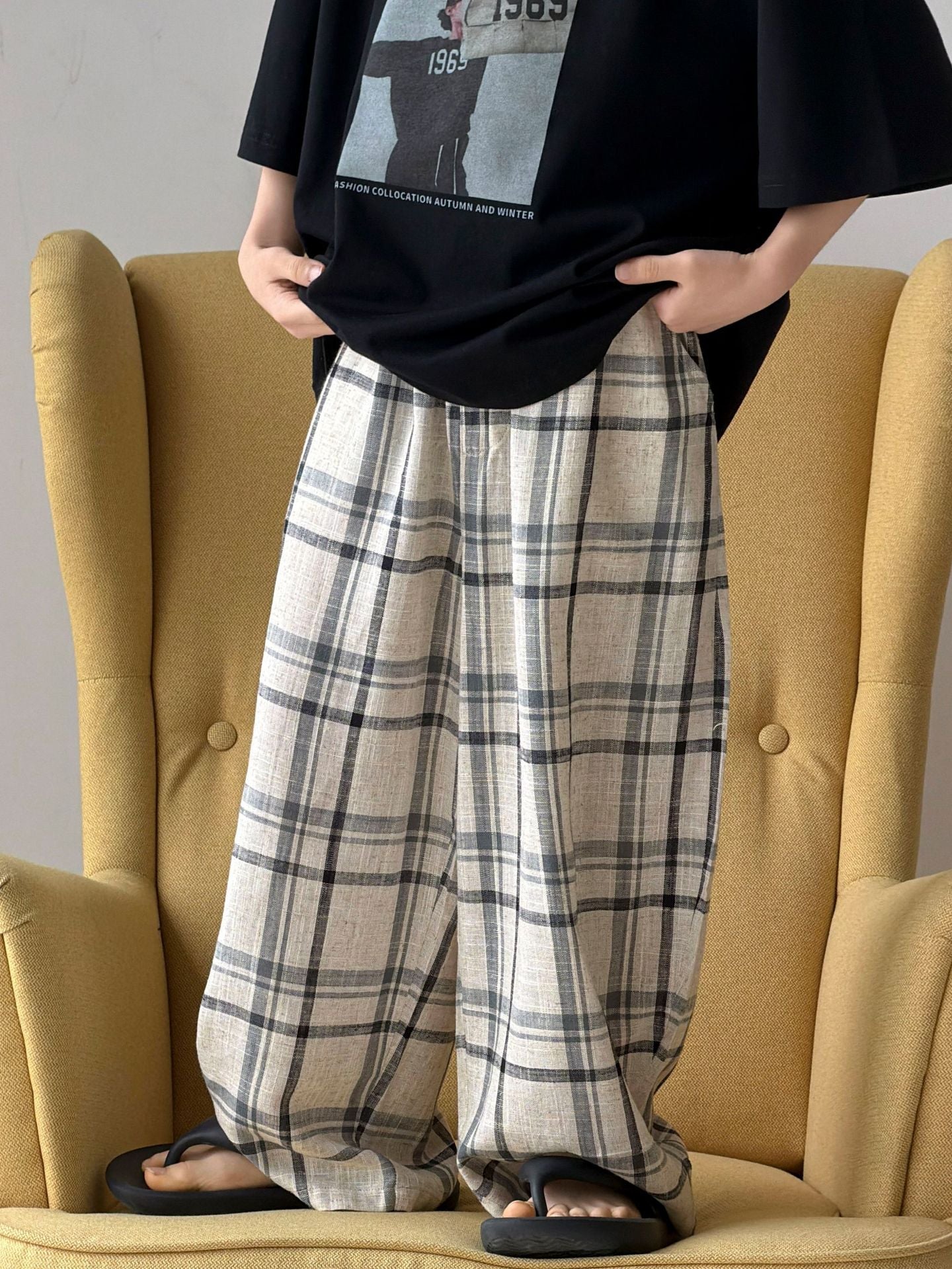 Children's Summer Cotton Linen Plaid Trousers Lightweight Loose Children's Pants