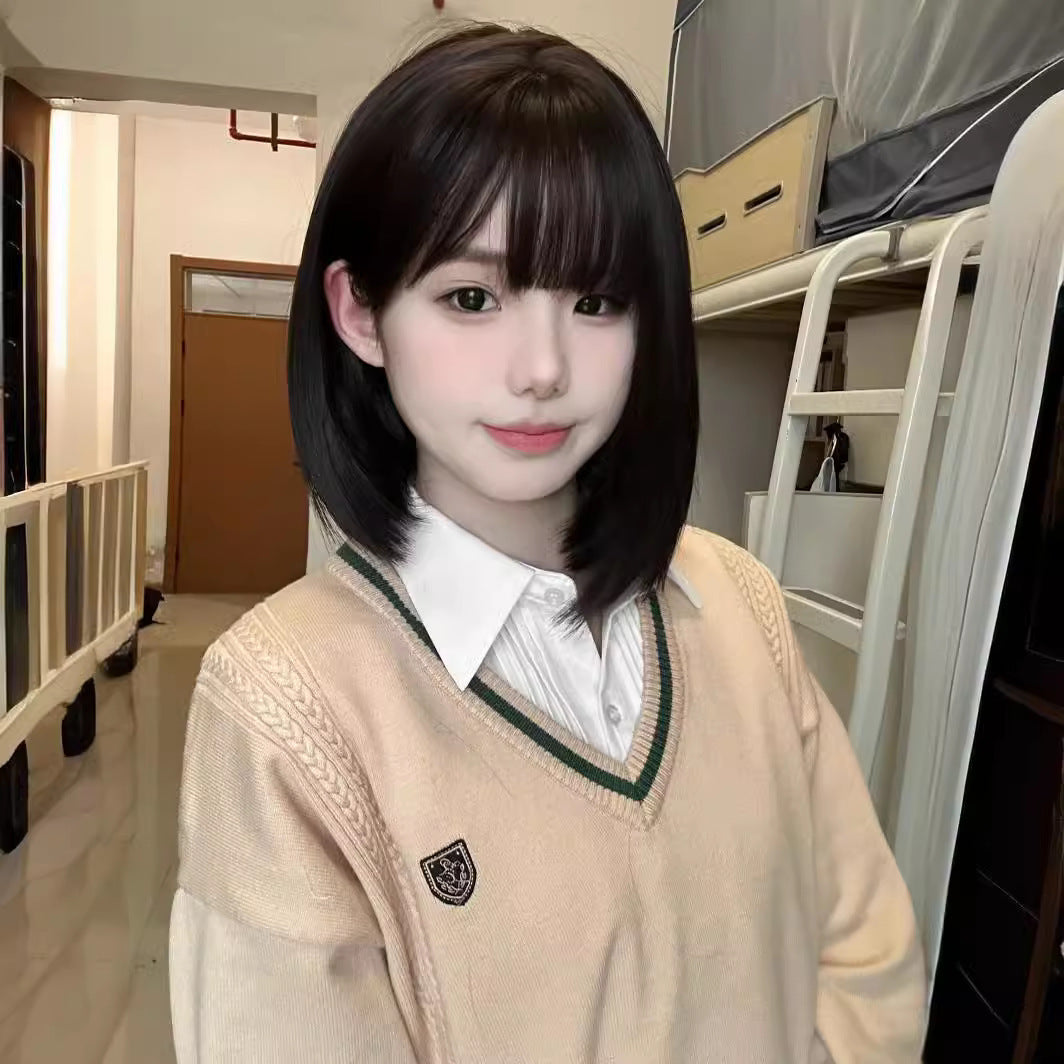 Female Black Brown Air Bangs Simulation Round Wig Short Straight Hair