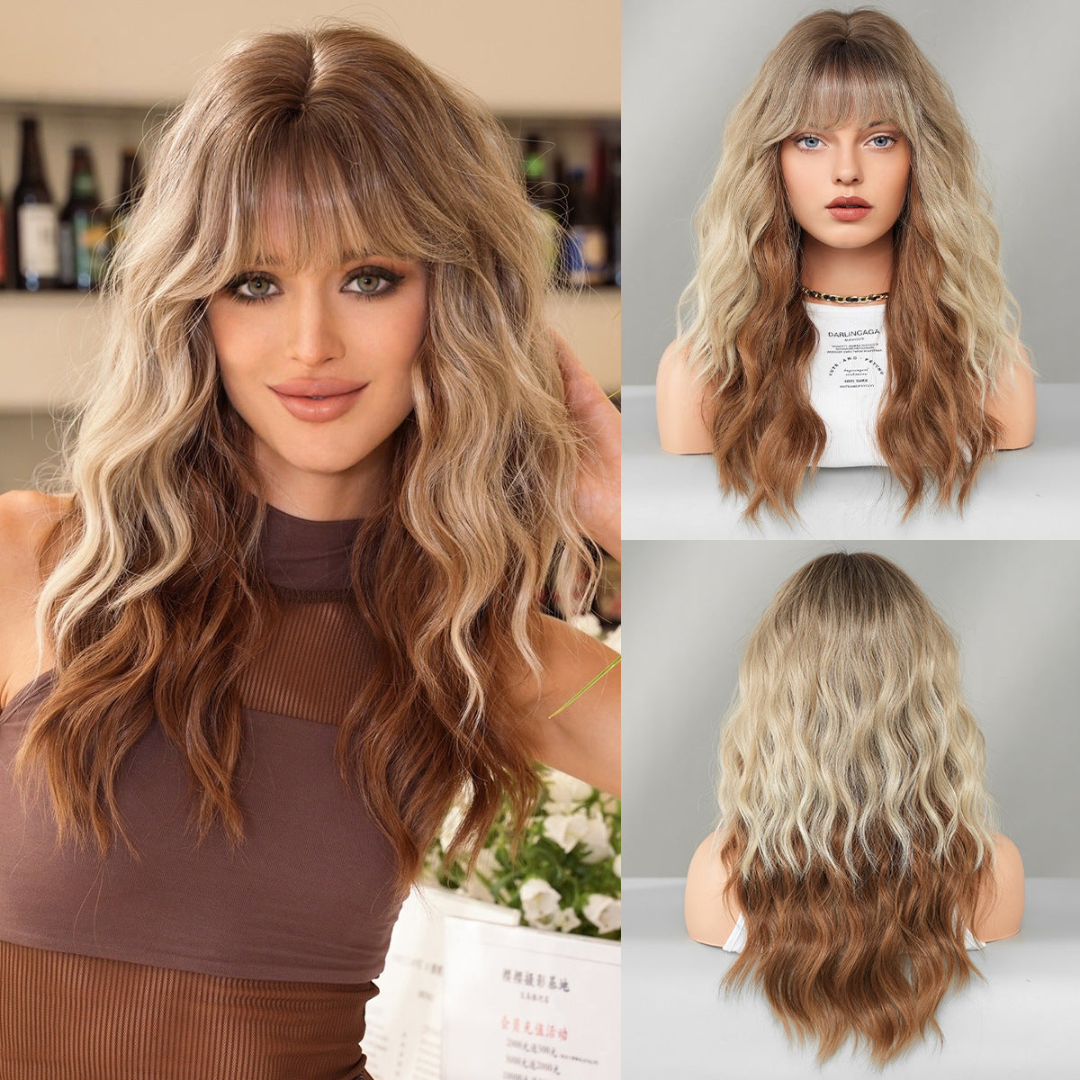 Women's Charming Red Small Straight Bangs Wavy Wig Long Curls