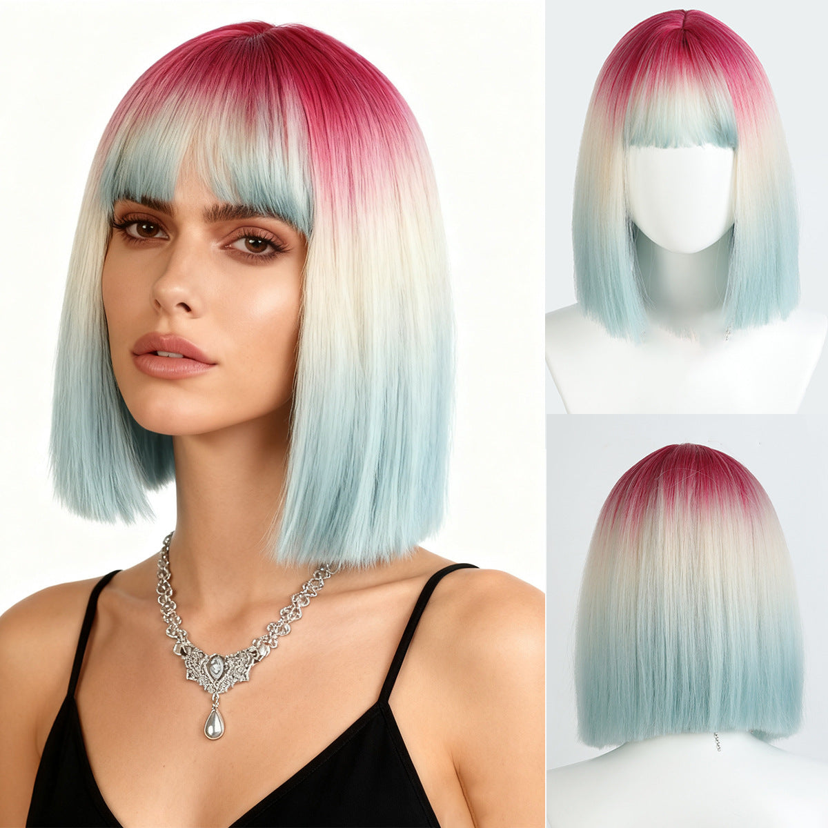 Women's Gradient Rainbow Color Mid-length Fashion Artificial Full Wig Short Straight Hair