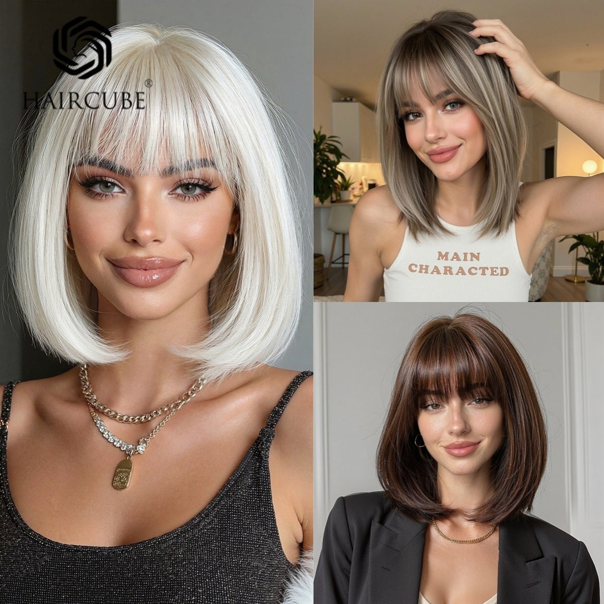 Head Cover Bangs White Styling Full Wig Short Straight Hair